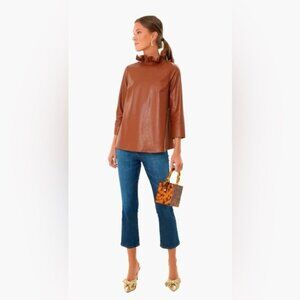 Tuckernuck Cognac Faux Leather Bow Blouse | XS | Luxe Holiday Statement Top